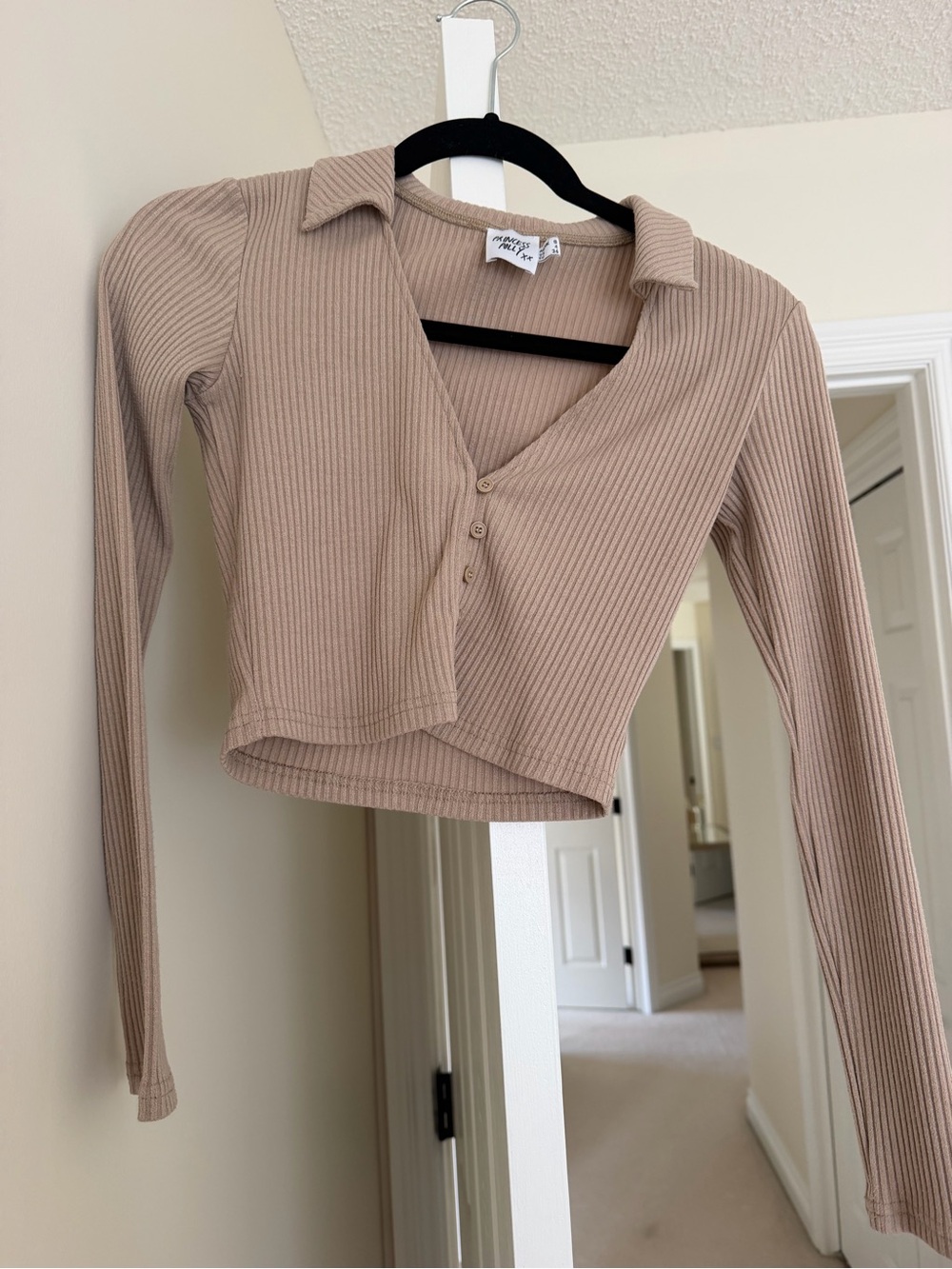 Princess Polly Beige Ribbed Long-Sleeve Cropped Top
